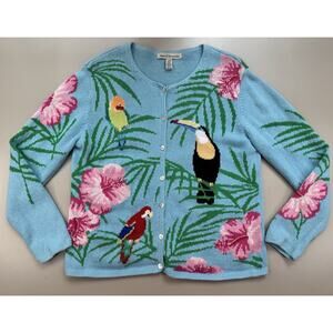 Vintage Tropical Toucan Sweater Womens L Blue Button Up Resort Florida Vacation